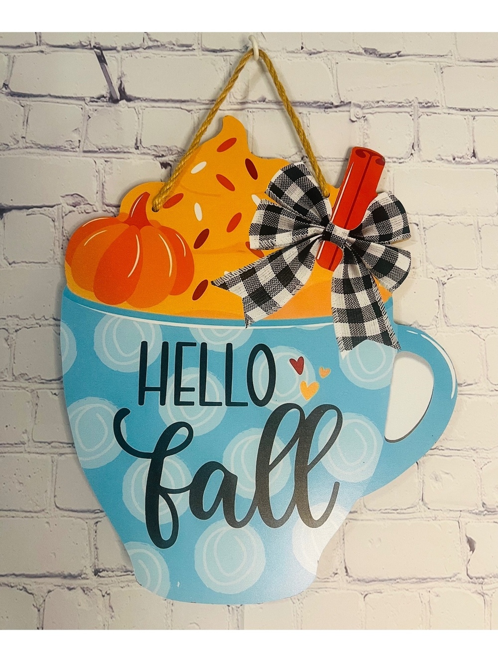 Hello Fall Pumpkin Latte Coffee cup buffalo check bow wooden sign